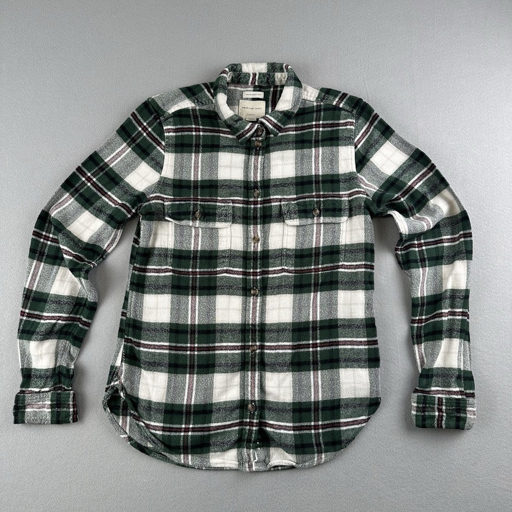 American Eagle Flannel Shirt Mens M Green Plaid Classic Fit Viscose Cotton